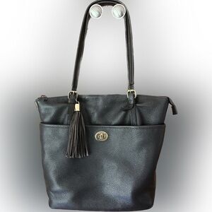 Tommy Hilfiger Dark Brown Pebble Leather Gold Tone And Tassel Tote Bag Purse
